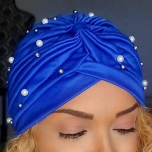 FAUX Pearl Decor Pleated Turban. Royal Blue. NWOT